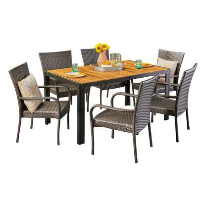 Lorraine Outdoor 6-Seater Rectangular Acacia Wood and Wicker Dining Set, Teak with Black and Multi Brown