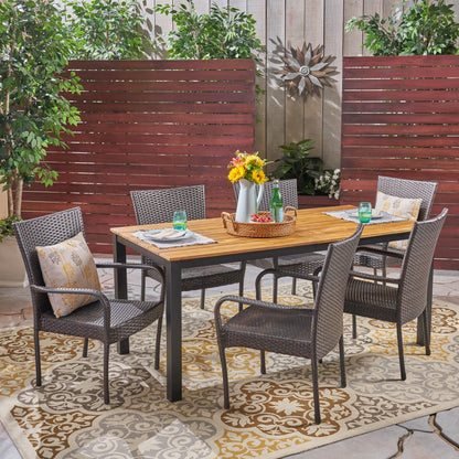 Una Outdoor 7 Piece Acacia Wood Dining Set with Stacking Wicker Chairs, Teak and Gray