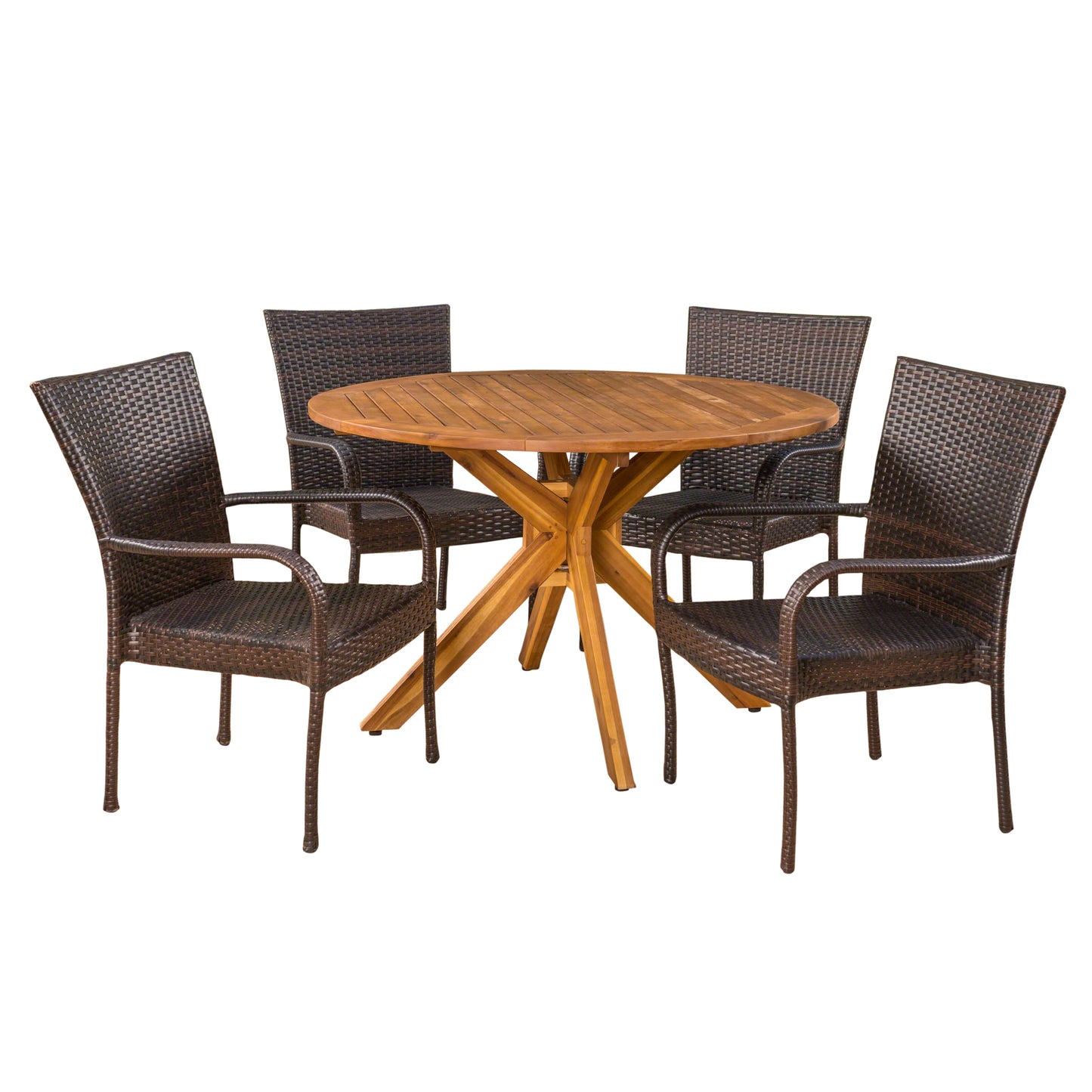 Avant Outdoor 5 Piece Multibrown Wicker Dining Set with Teak Finish Circular Acacia Wood Dining Table