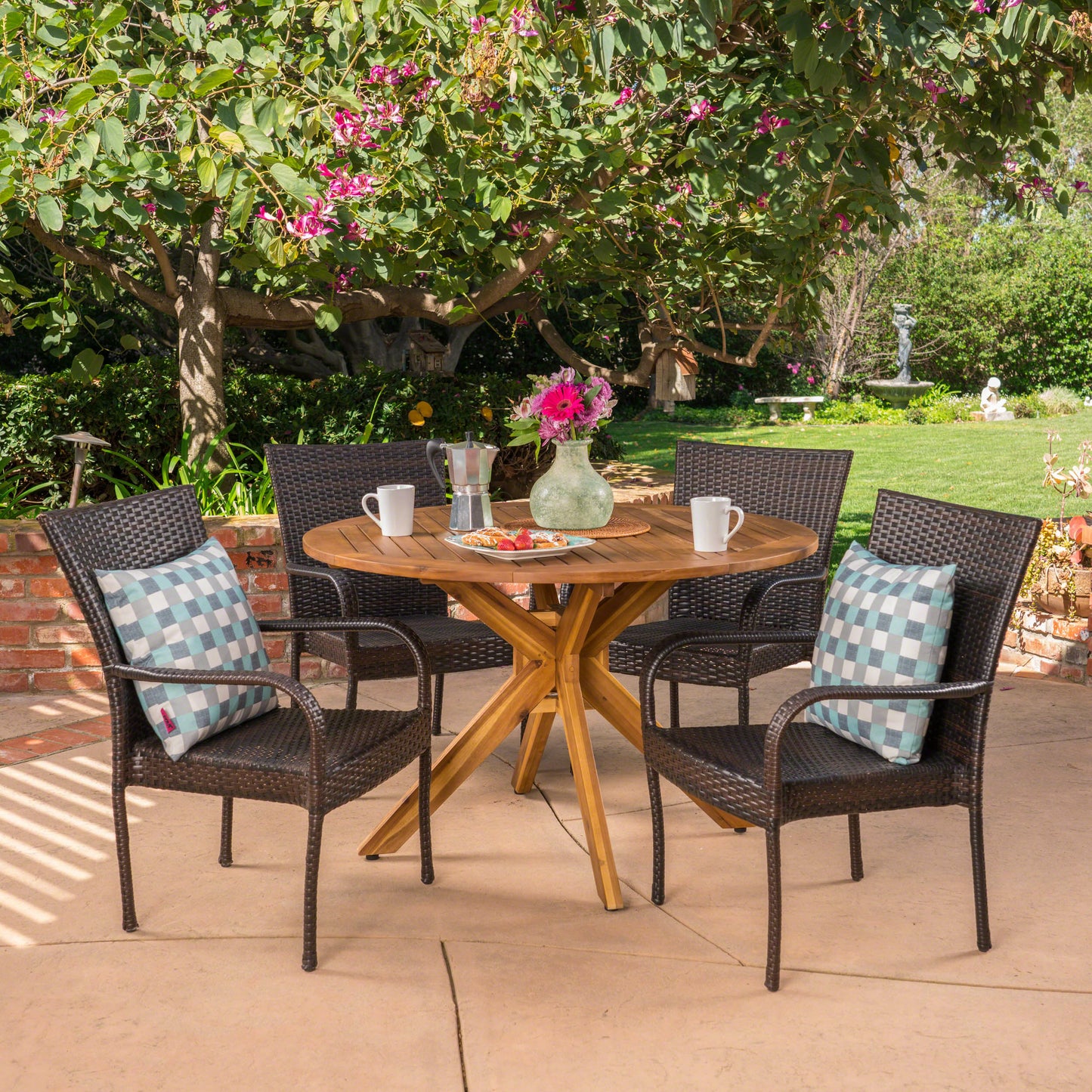 Avant Outdoor 5 Piece Multibrown Wicker Dining Set with Teak Finish Circular Acacia Wood Dining Table