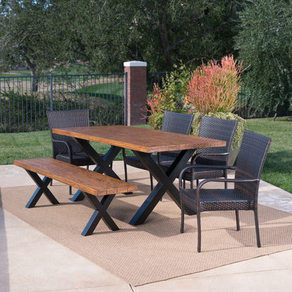 Amaryllis Outdoor 6 Piece Wicker Dining Set with Concrete Table and Bench