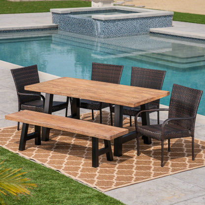 Allison Outdoor 6-Piece Stacking Wicker and Concrete Lightweight Dining Set with Natural Oak Finish in Multibrown