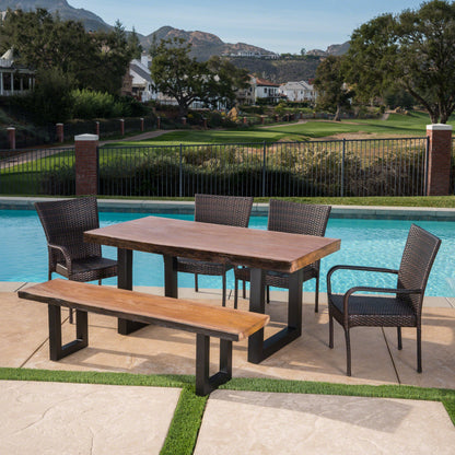 Danae Outdoor 6 Piece Wicker Dining Set with Concrete Table and Bench