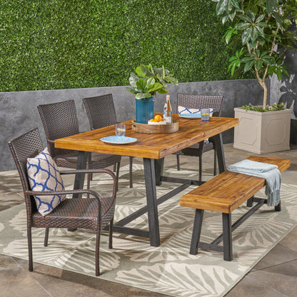Nash Outdoor 6 Piece Dining Set with Wicker Chairs and Bench, Sandblast Teak and Multi Brown and Beige