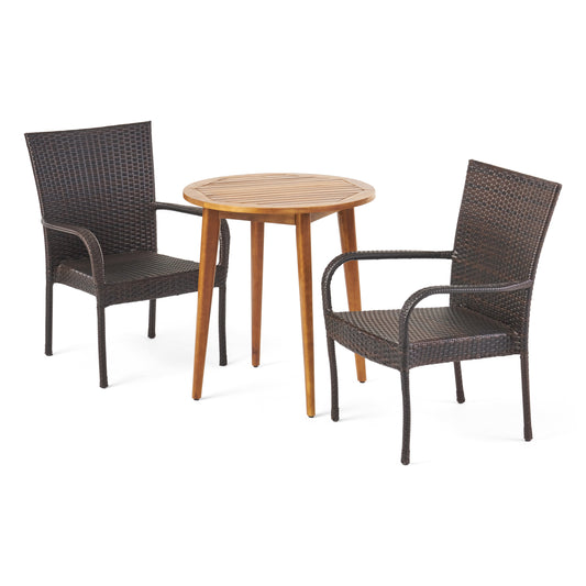 Mayes Outdoor 3 Piece Wood  and Wicker Bistro Set