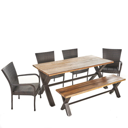Bula Outdoor 6 Piece Acacia Wood Dining Set with Wicker Stacking Chairs