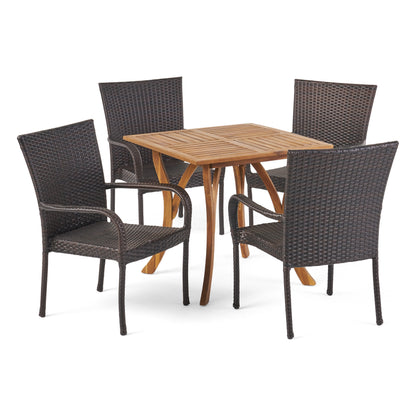 Lebeau Outdoor 5 Piece Acacia Wood/ Wicker Dining Set, Teak Finish and Multibrown