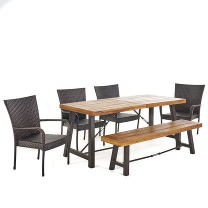Soltice Outdoor 6 Piece Teak Finished Acacia Wood Dining Set with Multi-brown Chairs