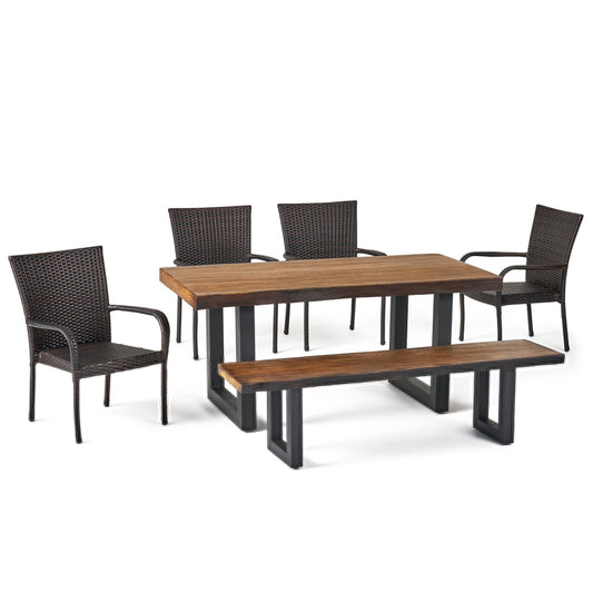Danae Outdoor 6 Piece Wicker Dining Set with Concrete Table and Bench