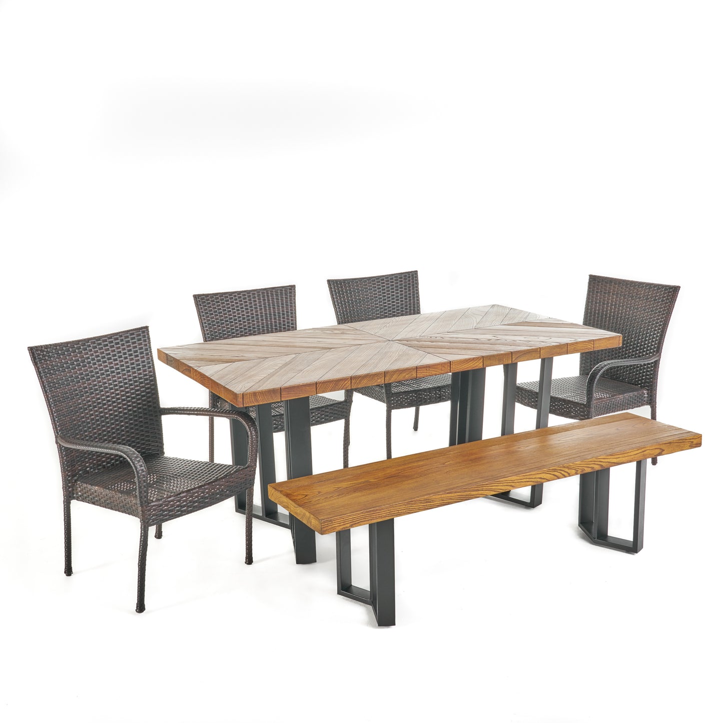 Fiona Outdoor 6 Piece Wicker Dining Set with Concrete Dining Table and Bench