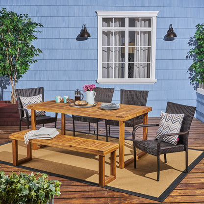 Eric Outdoor 6-Seater Wood and Wicker Chair and Bench Dining Set
