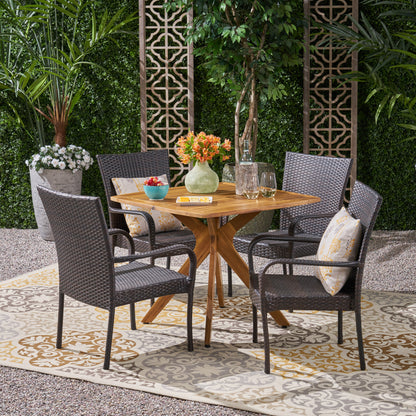 Stanford Outdoor 5 Piece Wood and Wicker Dining Set
