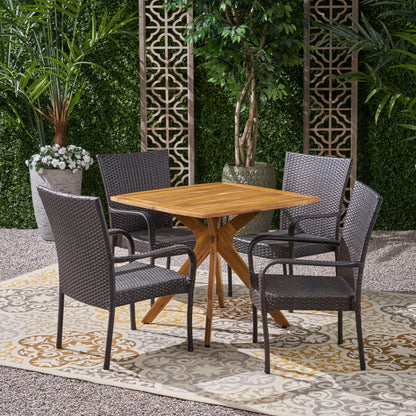 Stanford Outdoor 5 Piece Wood and Wicker Dining Set