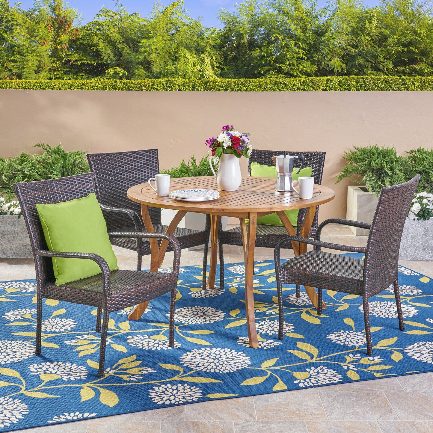 Lance Outdoor 5 Piece Acacia Wood and Wicker Dining Set