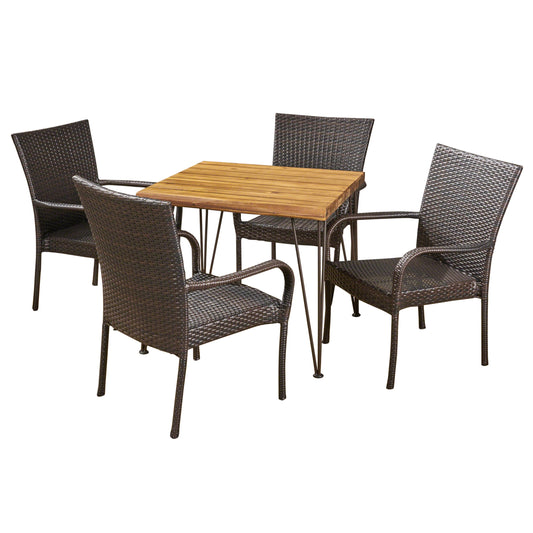 Rhys Outdoor Farmhouse Wood and Wicker 5 Piece Square Dining Set