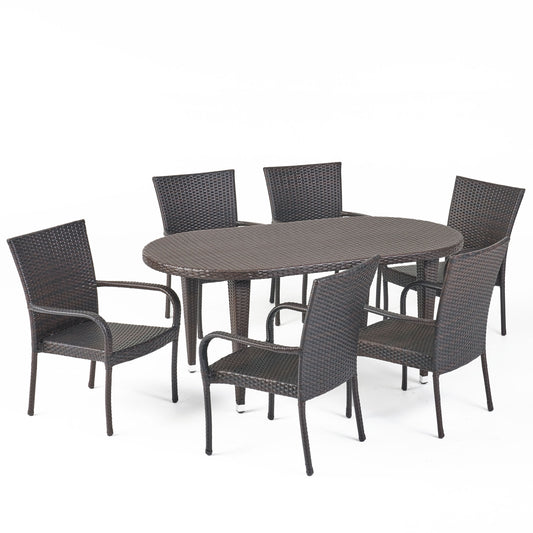 Sophilynn Outdoor 7 Piece Multi-brown Wicker Oval Dining Set with Stacking Chairs