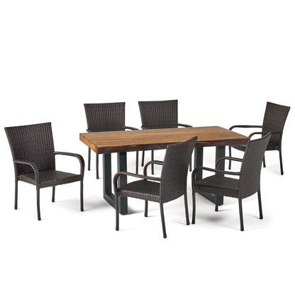 Fern Outdoor 7 Piece Stacking Multi-brown Wicker and Concrete Dining Set