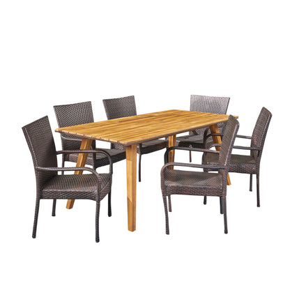 Lilith Outdoor 7 Piece Acacia Wood Dining Set with Stacking Wicker Chairs, Teak and Gray