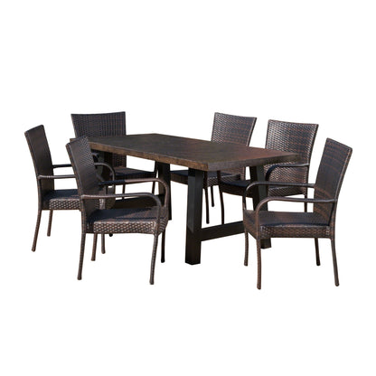 Daisy Outdoor 7 Piece Stacking Multi-brown Wicker and Concrete Dining Set