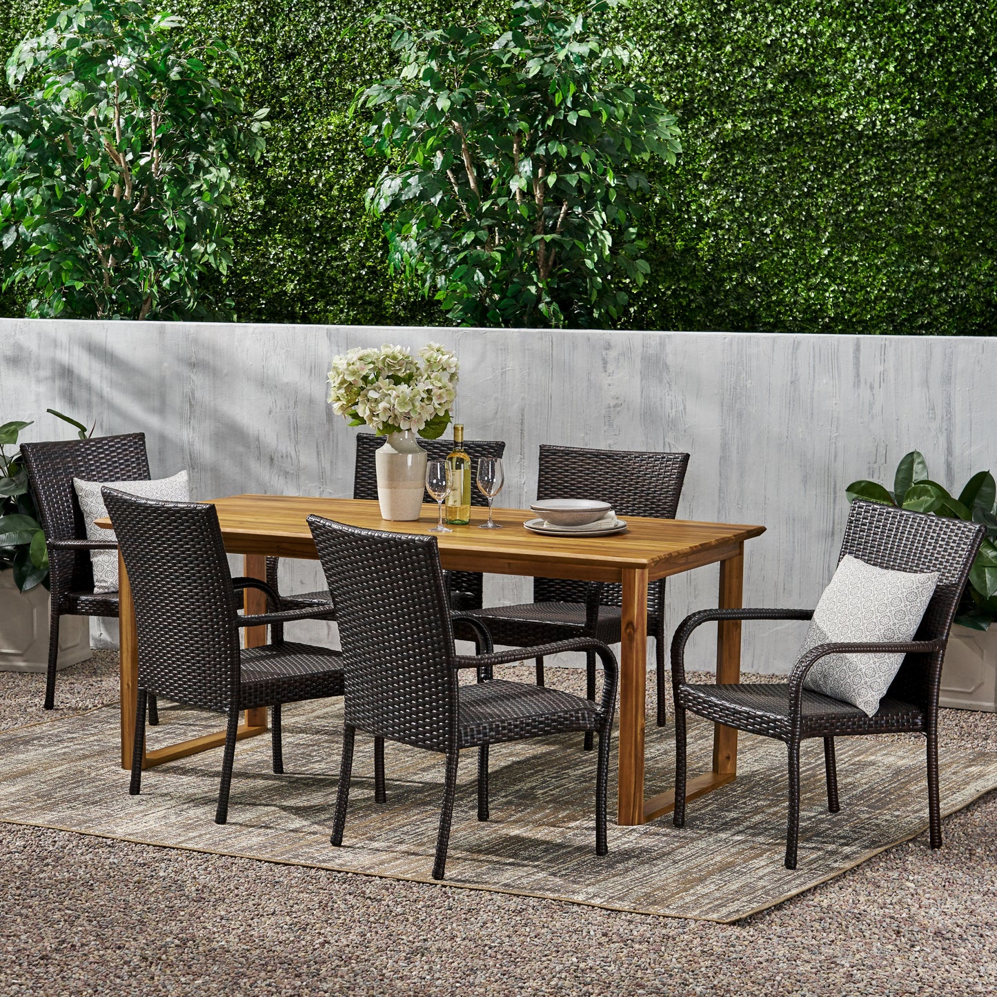 Conifer Outdoor Acacia Wood and Wicker 7 Piece Dining Set