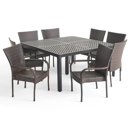 Lillian Outdoor Aluminum and Wicker 8 Seater Dining Set with Stacking Chairs