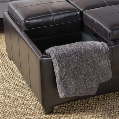 Harley Leather 4-Tray-Top Storage Ottoman Coffee Table