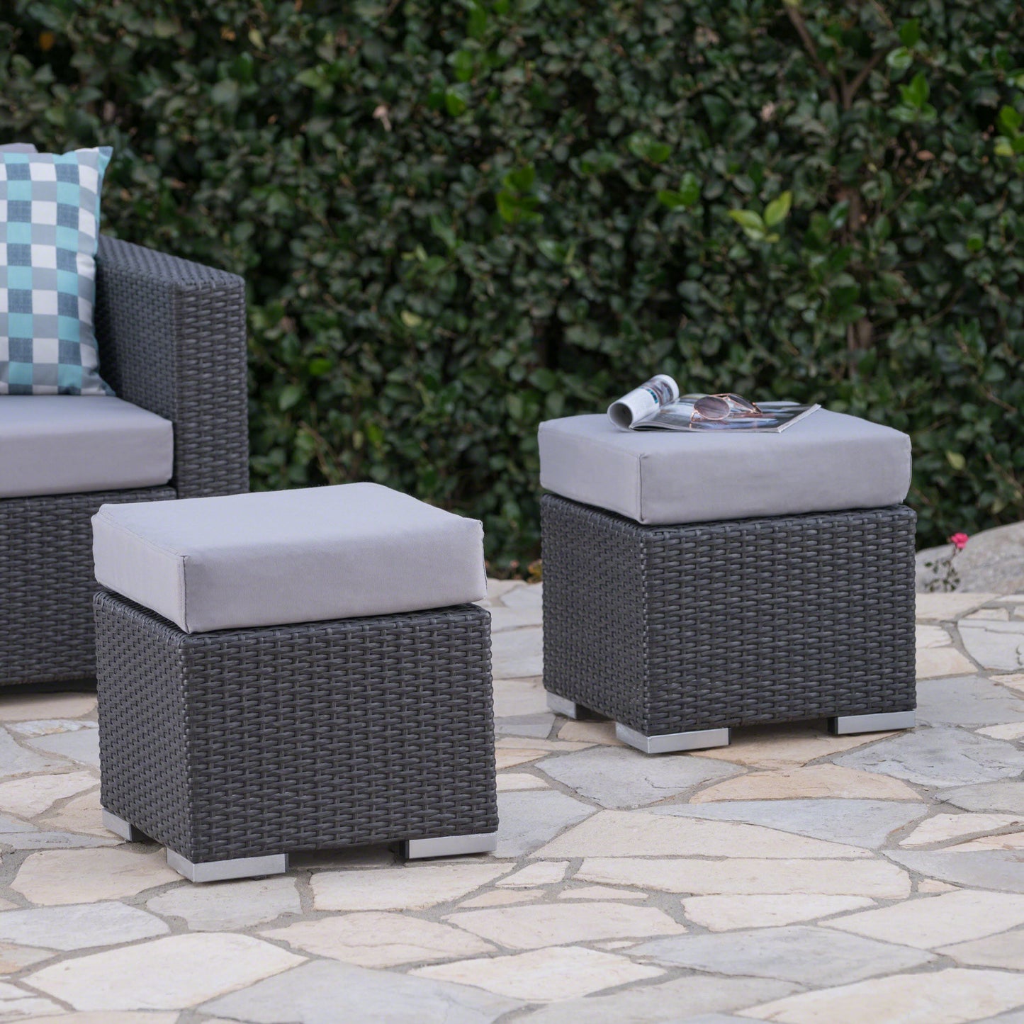 Santa Rosa Outdoor 16 Inch Wicker Ottoman Seat with Water Resistant Cushion