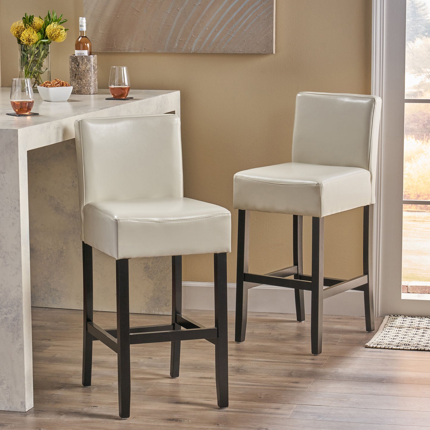 Lowry Contemporary Upholstered Ivory Bonded Leather Backed Barstools (Set of 2)