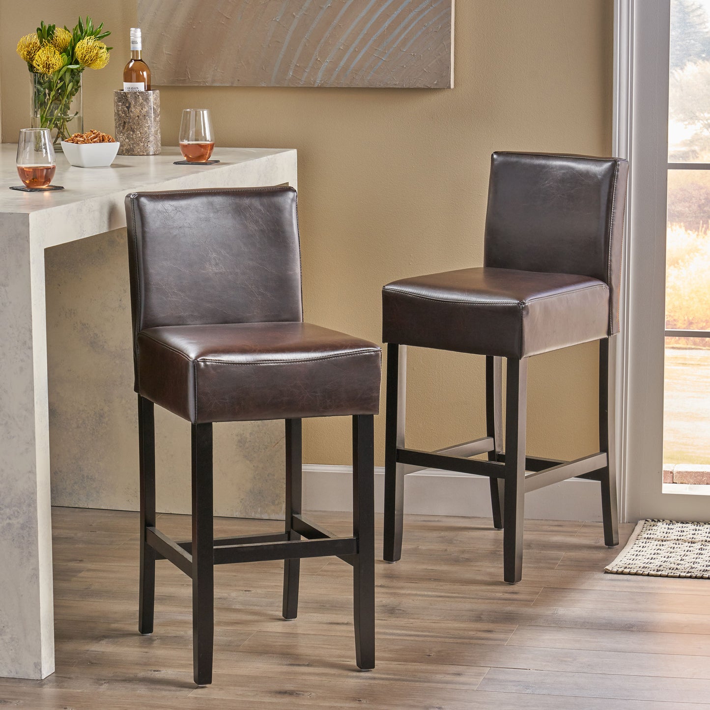 Lowry Contemporary Upholstered Ivory Bonded Leather Backed Barstools (Set of 2)