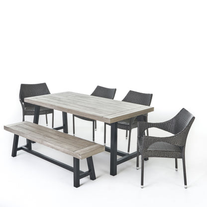 Flora Outdoor 6 Piece Wicker Dining Set with Acacia Wood Table and Bench