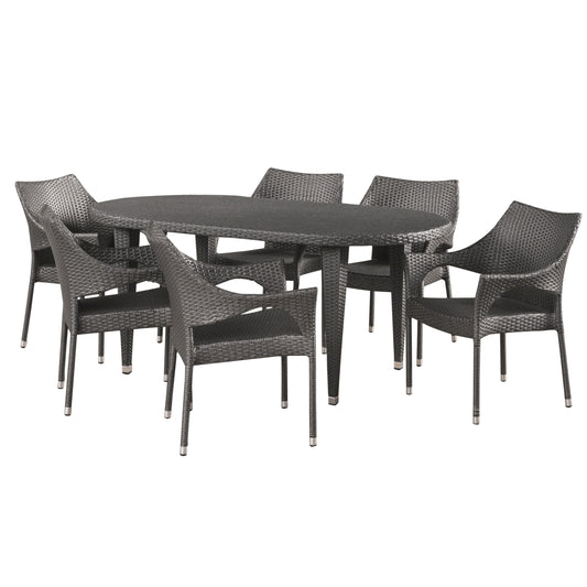 Tills Outdoor 7 Piece Gray Wicker Oval Dining Set with Stacking Chairs