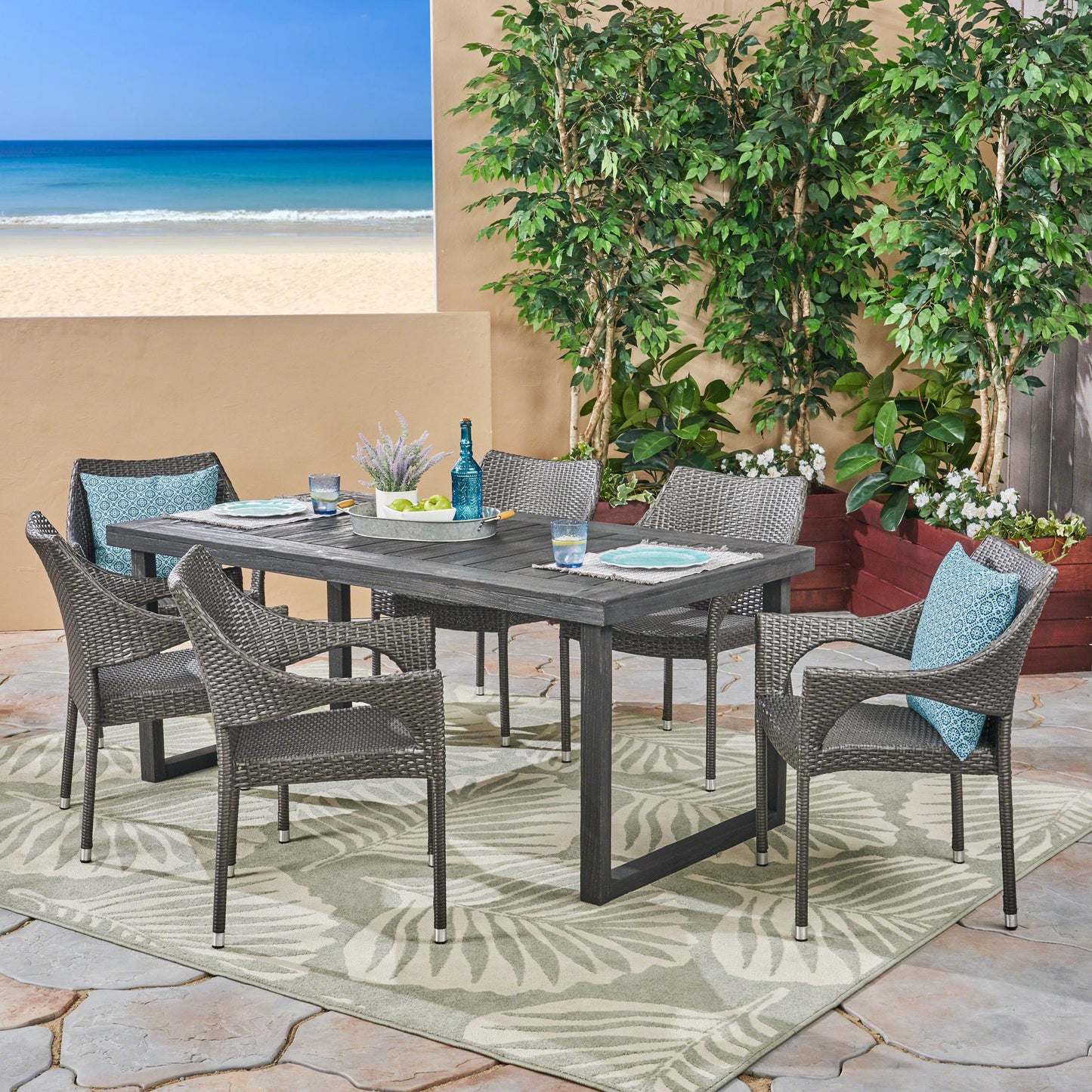 Joa Outdoor 7 Piece Acacia Wood Dining Set with Stacking Wicker Chairs, Sandblast Dark Gray and Gray