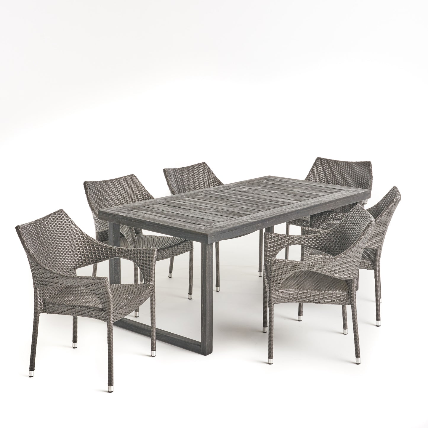 Joa Outdoor 7 Piece Acacia Wood Dining Set with Stacking Wicker Chairs, Sandblast Dark Gray and Gray