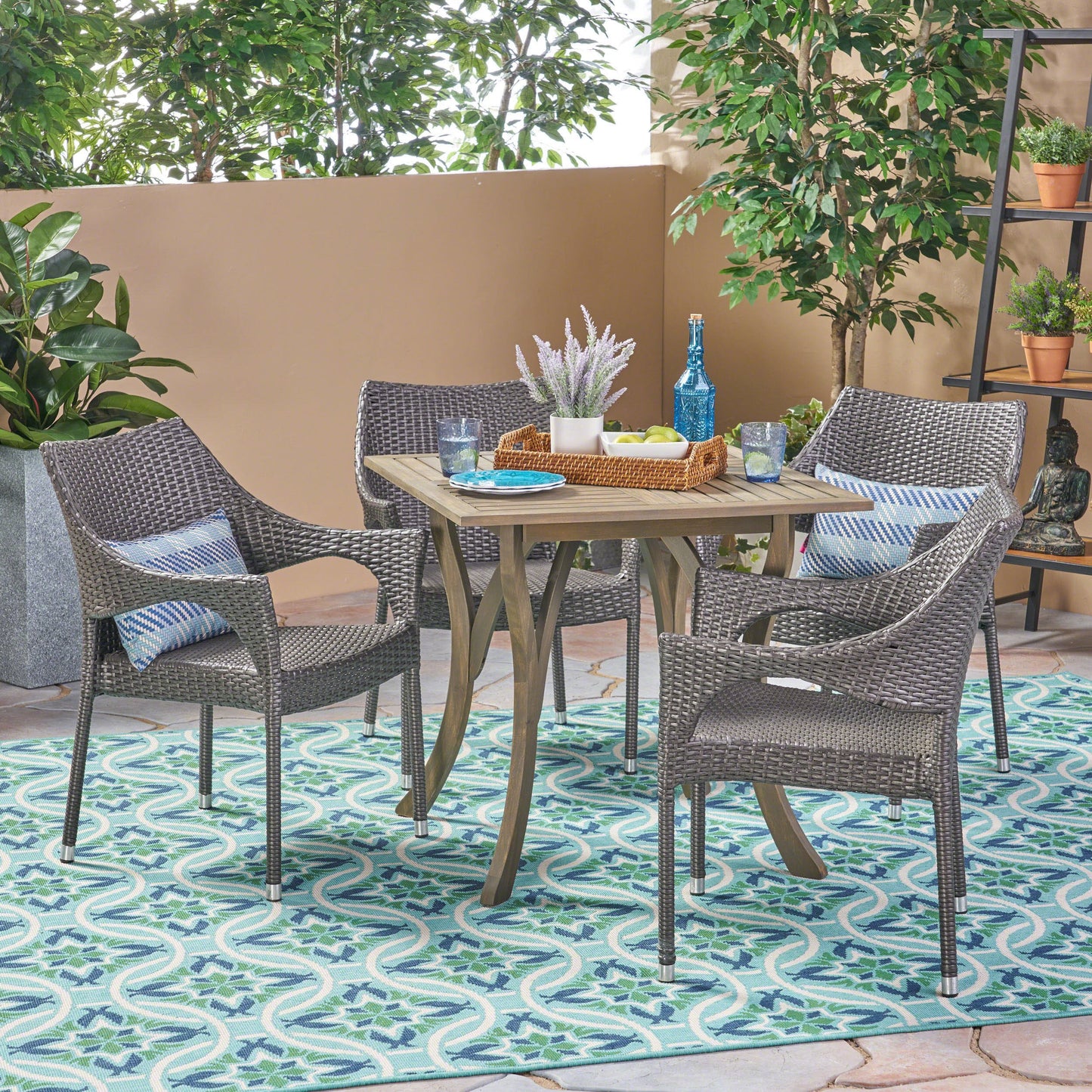 Colin Outdoor 5 Piece Acacia Wood and Wicker Square Dining Set