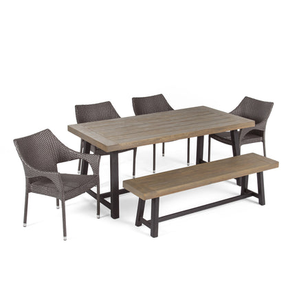 Brecken Outdoor 6 Piece Dining Set with Stacking Wicker Chairs and Bench