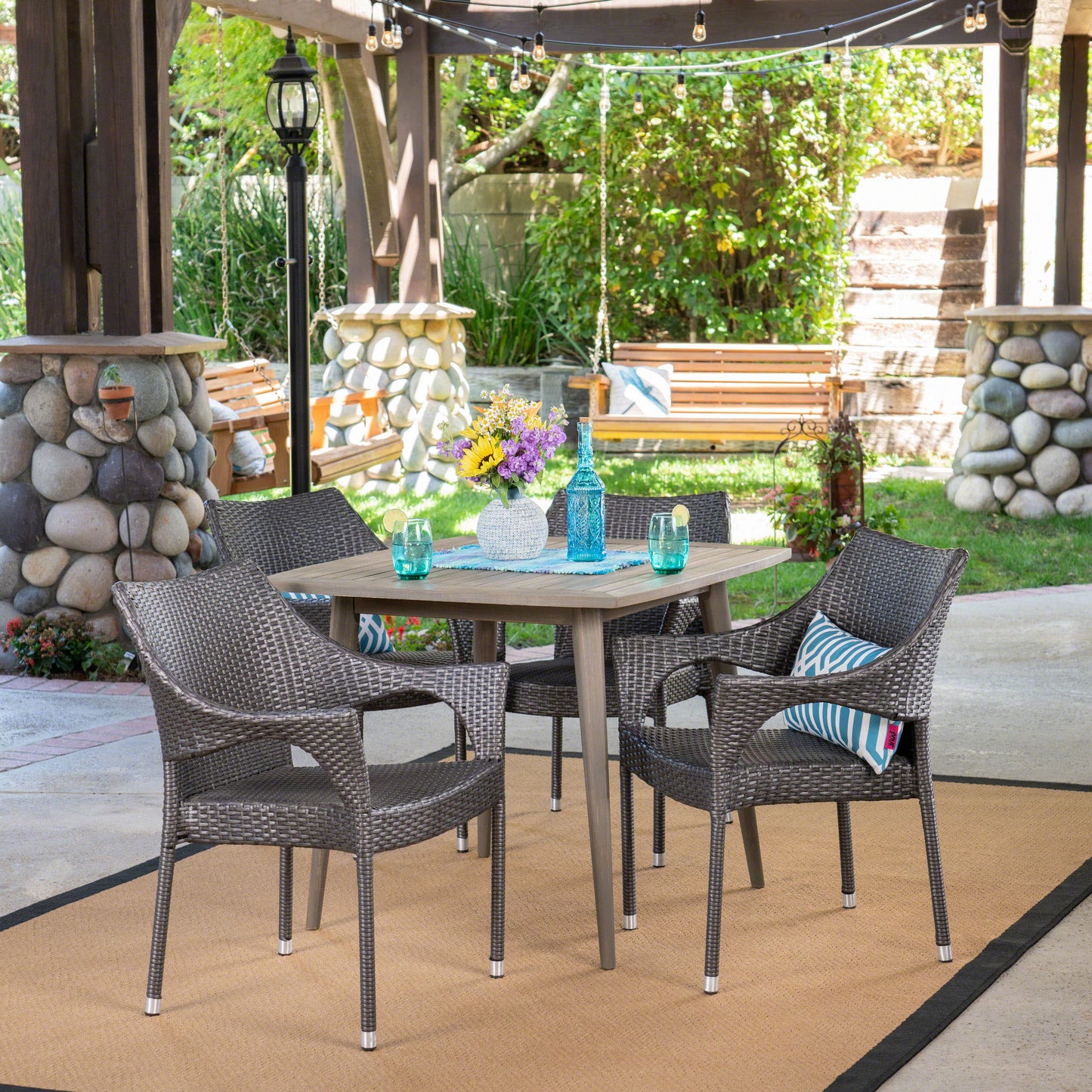Kirk Outdoor 5 Piece Wood and Wicker Dining Set, Gray and Gray