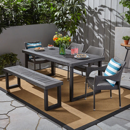 Cason Outdoor 6-Seater Wood and Wicker Chair and Bench Dining Set