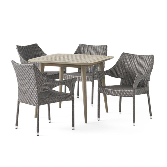 Kirk Outdoor 5 Piece Wood and Wicker Dining Set, Gray and Gray