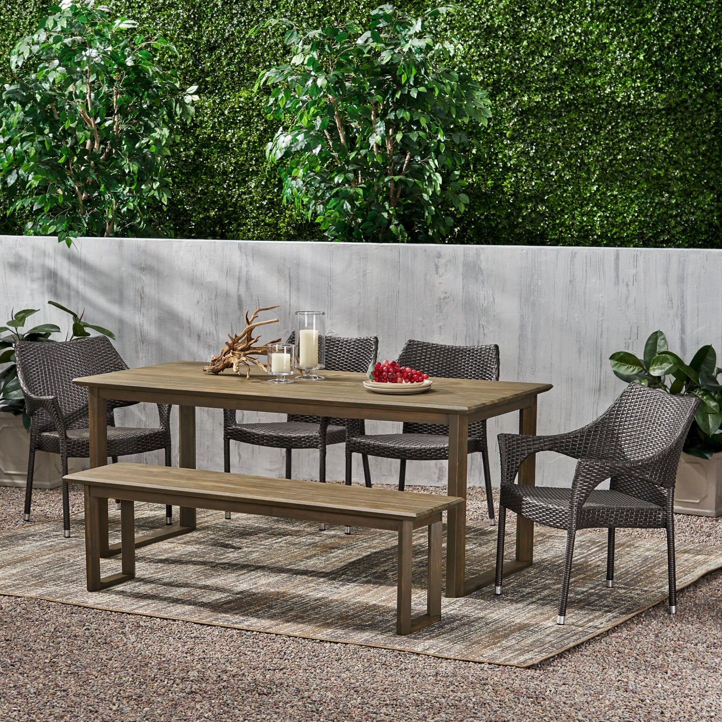 Ellendale Outdoor Acacia Wood and Wicker 6 Piece Dining Set with Bench