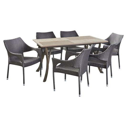 Tyesha Outdoor 7 Piece Wood and Wicker Dining Set, Gray and Gray