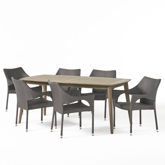 Kado Outdoor 7 Piece Wood and Wicker Dining Set, Gray and Gray