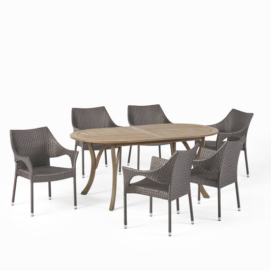 Harris Outdoor 7 Piece Wood and Wicker Dining Set, Gray Finish and Gray