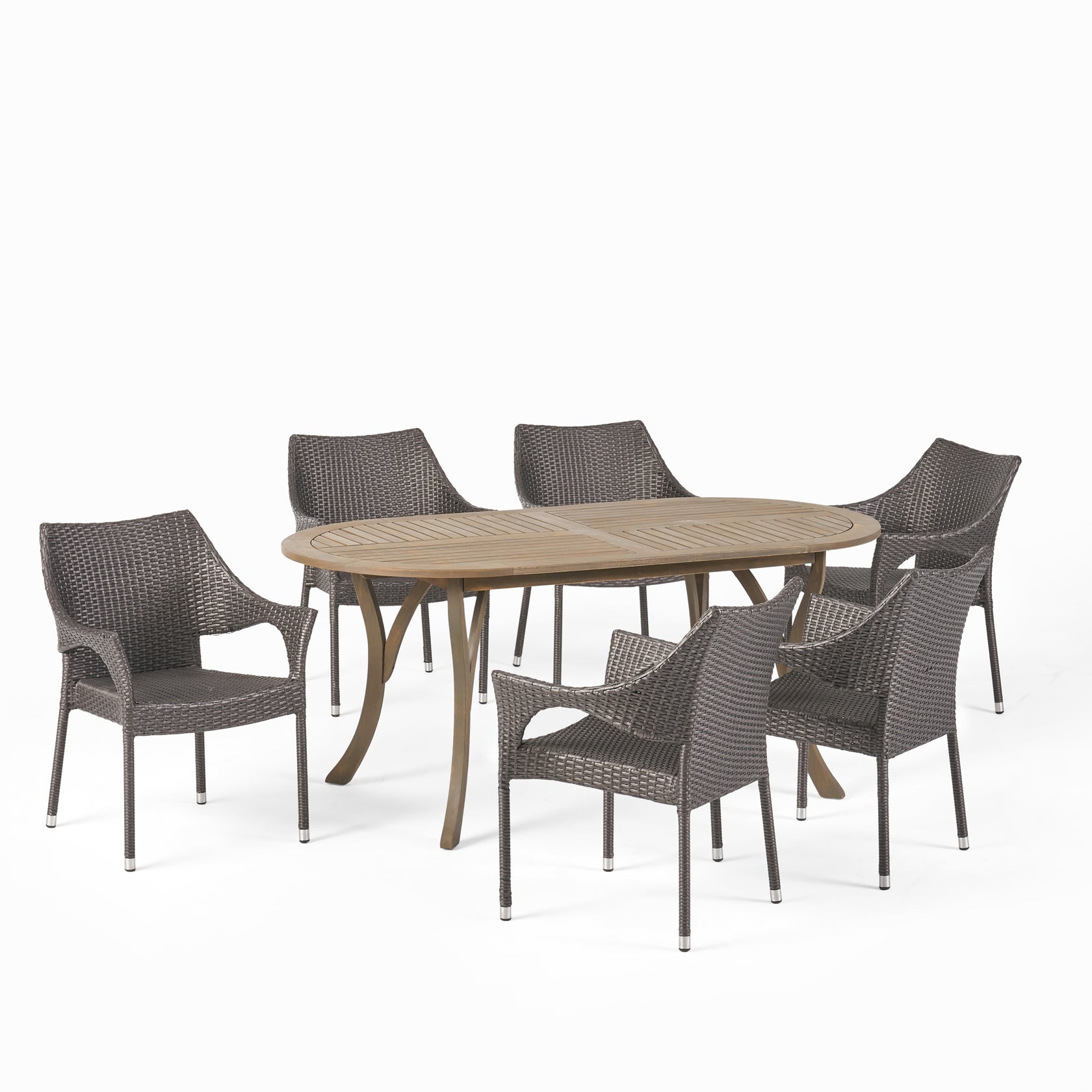 Harris Outdoor 7 Piece Wood and Wicker Dining Set, Gray Finish and Gra