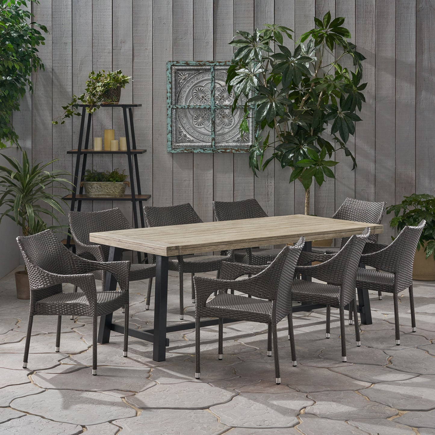 Emmalynn Outdoor Wood and Wicker 8 Seater Dining Set