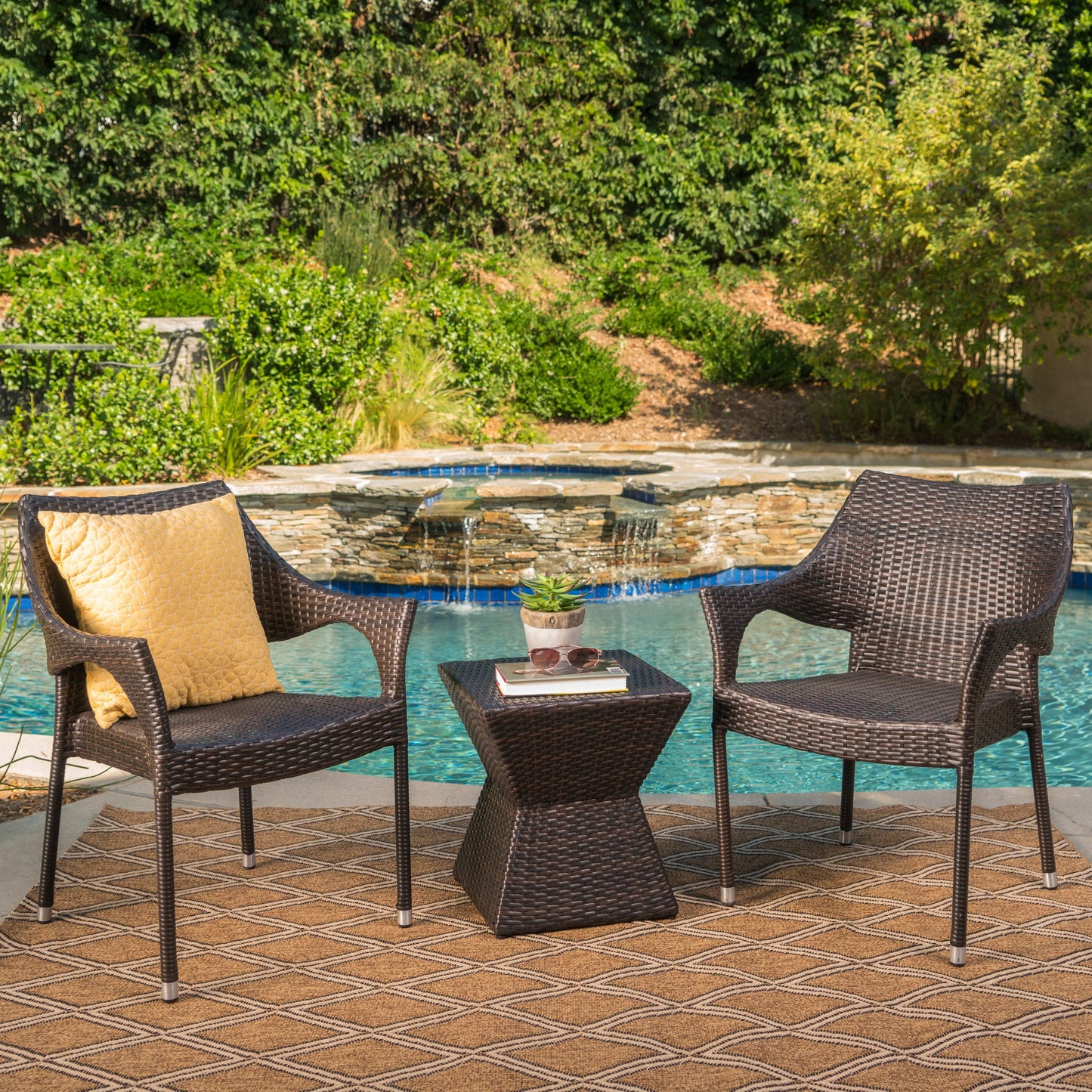 Arlost Outdoor 3 Piece Multi-Brown Wicker Chat Set with Stacking Chairs