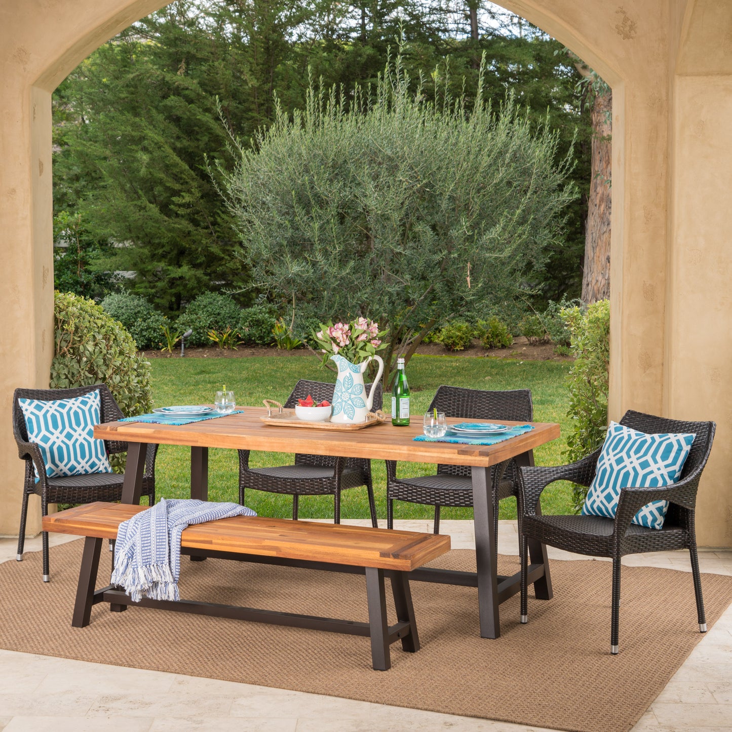 Flora Outdoor 6 Piece Rustic Metal and Sandblast Finished Wood Dining Set