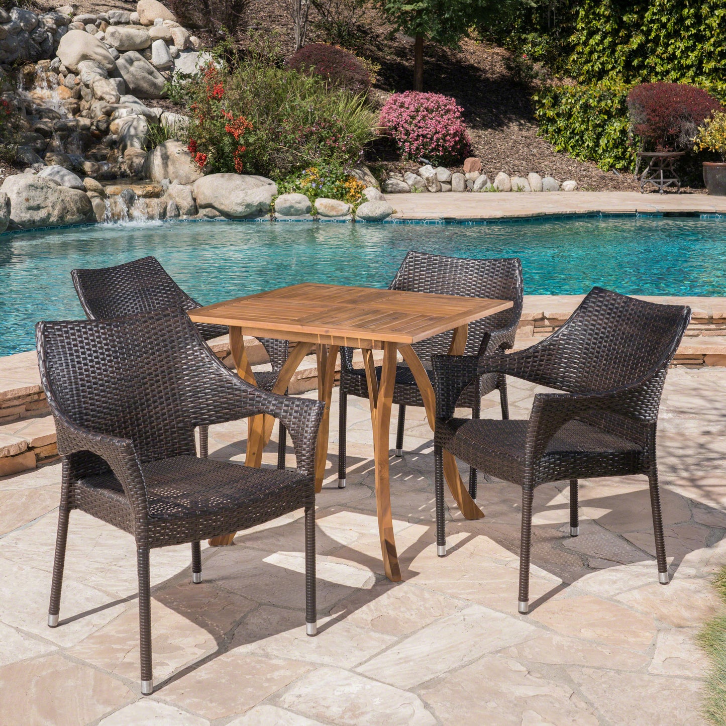 Colin Outdoor 5 Piece Acacia Wood and Wicker Square Dining Set