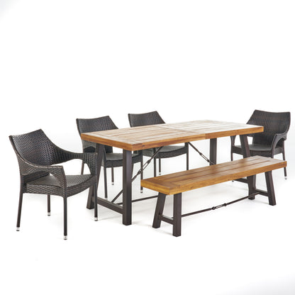 Montenegro Outdoor 6 Piece Teak Finished Acacia Wood Dining Set with Stacking Chairs