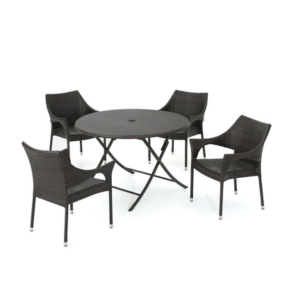 Kara Outdoor 5-Piece Multi-Brown Wicker Dining Set with Foldable Table