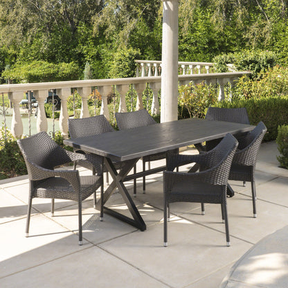 Graywood Outdoor 7 Piece Wicker Dining Set with Rectangular Aluminum Table